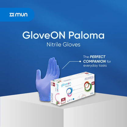 GloveON Paloma nitrile gloves with packaging on a blue background