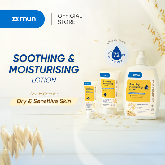 MUN Soothing Moisturising Lotion in a pump bottle, showing the creamy texture and clean design of the moisturizer.