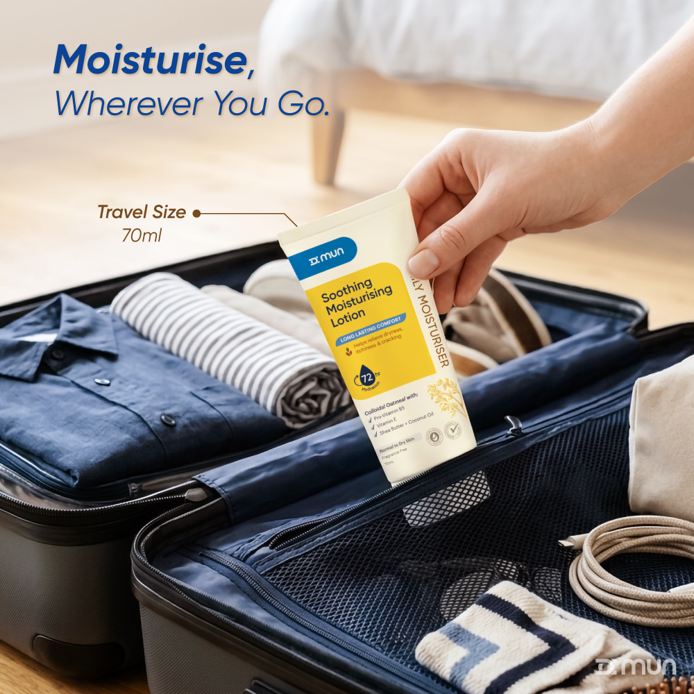MUN Soothing Moisturising Lotion in a white bottle with a pump dispenser, designed for everyday skin hydration.