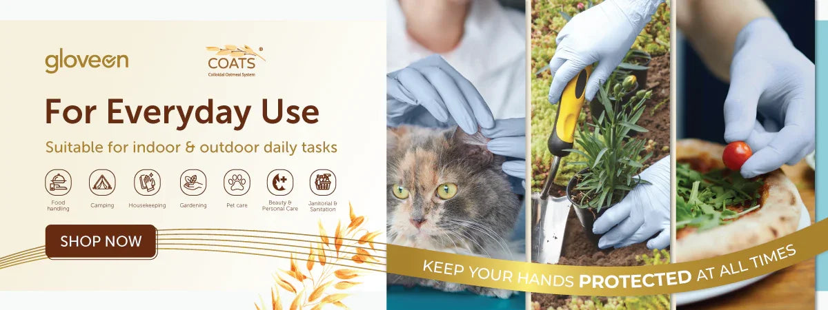 Nitrile exam gloves used for pet care, gardening, and food handling, highlighting multipurpose protection.