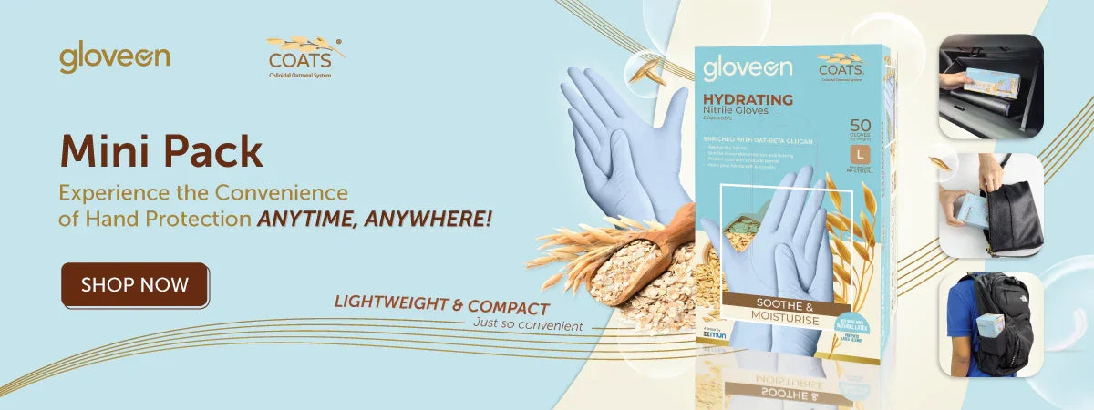 Hydrating nitrile gloves mini pack with oat graphics, images of gloves in a box, backpack, and glove compartment.